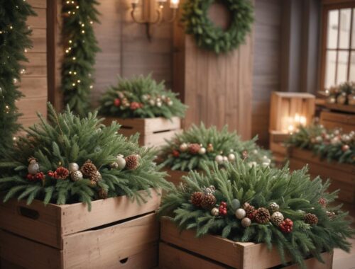 Новогодние композиции из еловых веток в коробках и ящиках букеты и венки из хвойных и редких растений и цветов